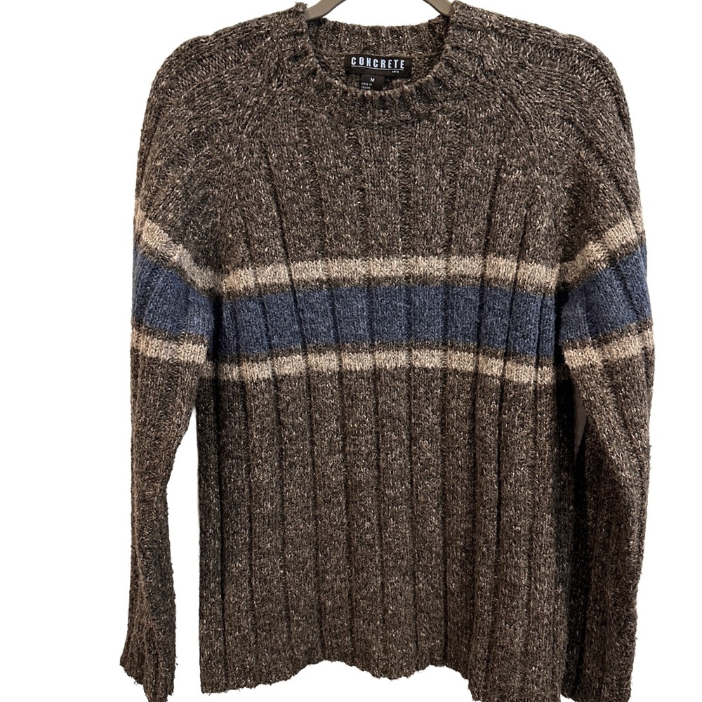 Vintage 90’s Concrete Men's Gray and Blue Striped Ribbed Sweater M
